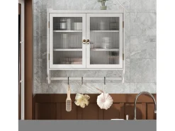 Armário de parede moderno com 2 portas de vidro e varão para pendurar roupas, branco, 63 x 18 x 60 cm