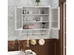 Armário de parede moderno com 2 portas de vidro e varão para pendurar roupas, branco, 63 x 18 x 60 cm