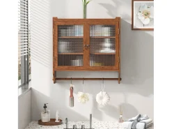 Armário de parede moderno com 2 portas de vidro e varão para pendurar roupas, marrom, 63 x 18 x 60 cm