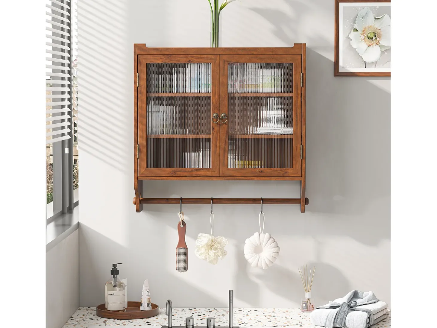 Armário de parede moderno com 2 portas de vidro e varão para pendurar roupas, marrom, 63 x 18 x 60 cm