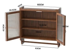 Armário de parede moderno com 2 portas de vidro e varão para pendurar roupas, marrom, 63 x 18 x 60 cm