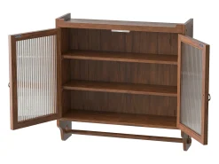 Armário de parede moderno com 2 portas de vidro e varão para pendurar roupas, marrom, 63 x 18 x 60 cm