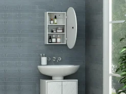 Armário de parede para casa de banho oval com espelho - Prateleiras para casa de banho - Branco - RURI