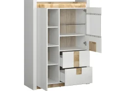 Armário de porcelana 2 portas 2 gavetas Helios branco e madeira 141cm