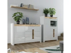 Armário de porcelana 2 portas 2 gavetas Helios branco e madeira 141cm
