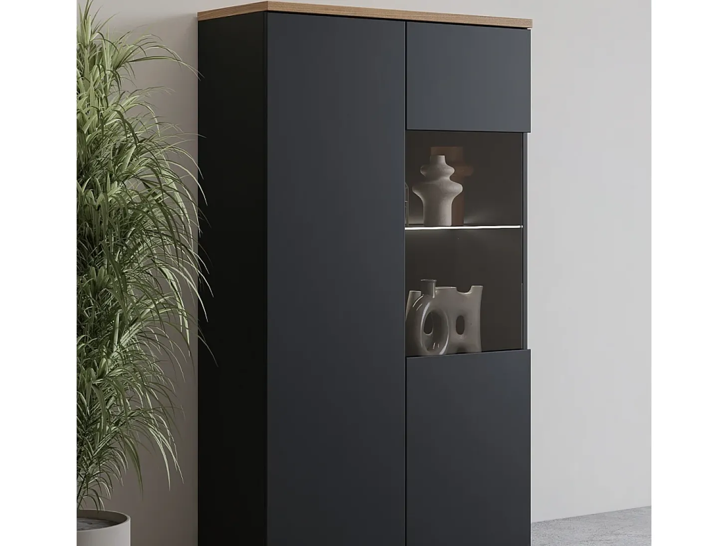 Armário de porcelana 2 portas Liko preto e madeira 140cm