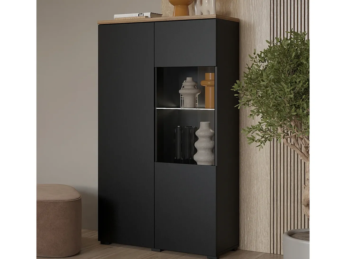 Armário de porcelana 2 portas Liko preto e madeira 140cm