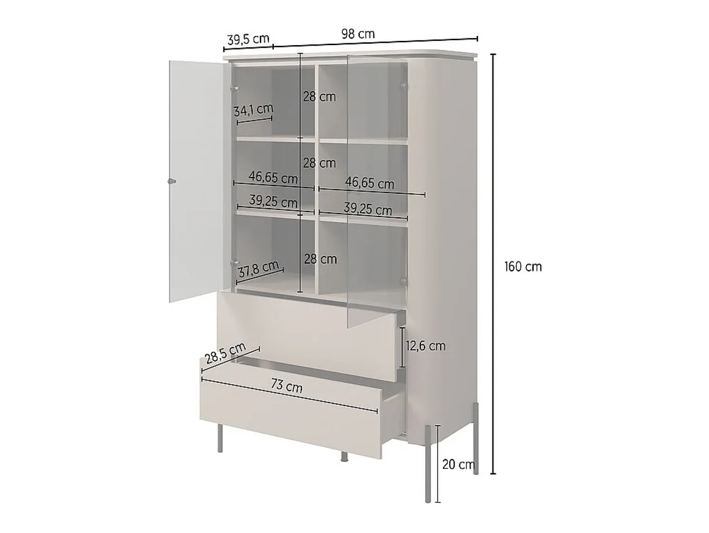 Armário de porcelana 2 portas 2 gavetas toupeira 160cm