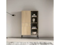 Armário de porcelana 3 portas 1 gaveta Paige madeira e preto 150cm