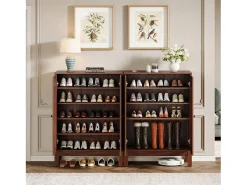 Armário de sapatos com portas em estriado, armário de sapatos de 5 andares com prateleiras ajustáveis, estante de sapatos para 20 pares