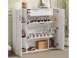 Armário de sapatos moderno 120×24×107 cm - 2 portas e 2 gavetas - 2 portas basculantes - branco