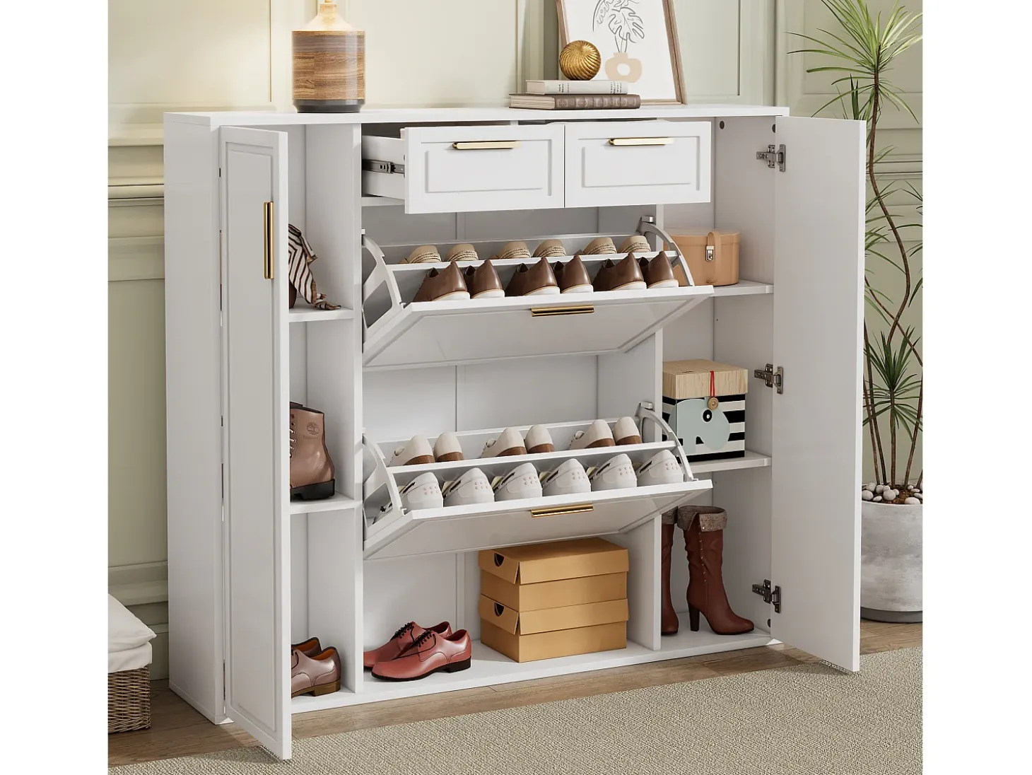 Armário de sapatos moderno 120×24×107 cm - 2 portas e 2 gavetas - 2 portas basculantes - branco