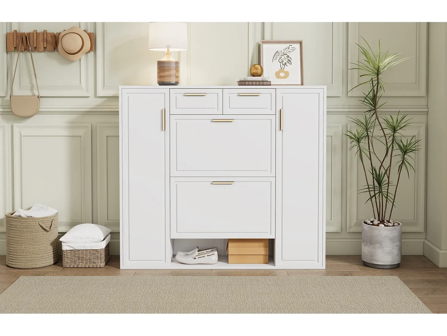 Armário de sapatos moderno 120×24×107 cm - 2 portas e 2 gavetas - 2 portas basculantes - branco