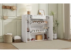 Armário de sapatos moderno 120×24×107 cm - 2 portas e 2 gavetas - 2 portas basculantes - branco