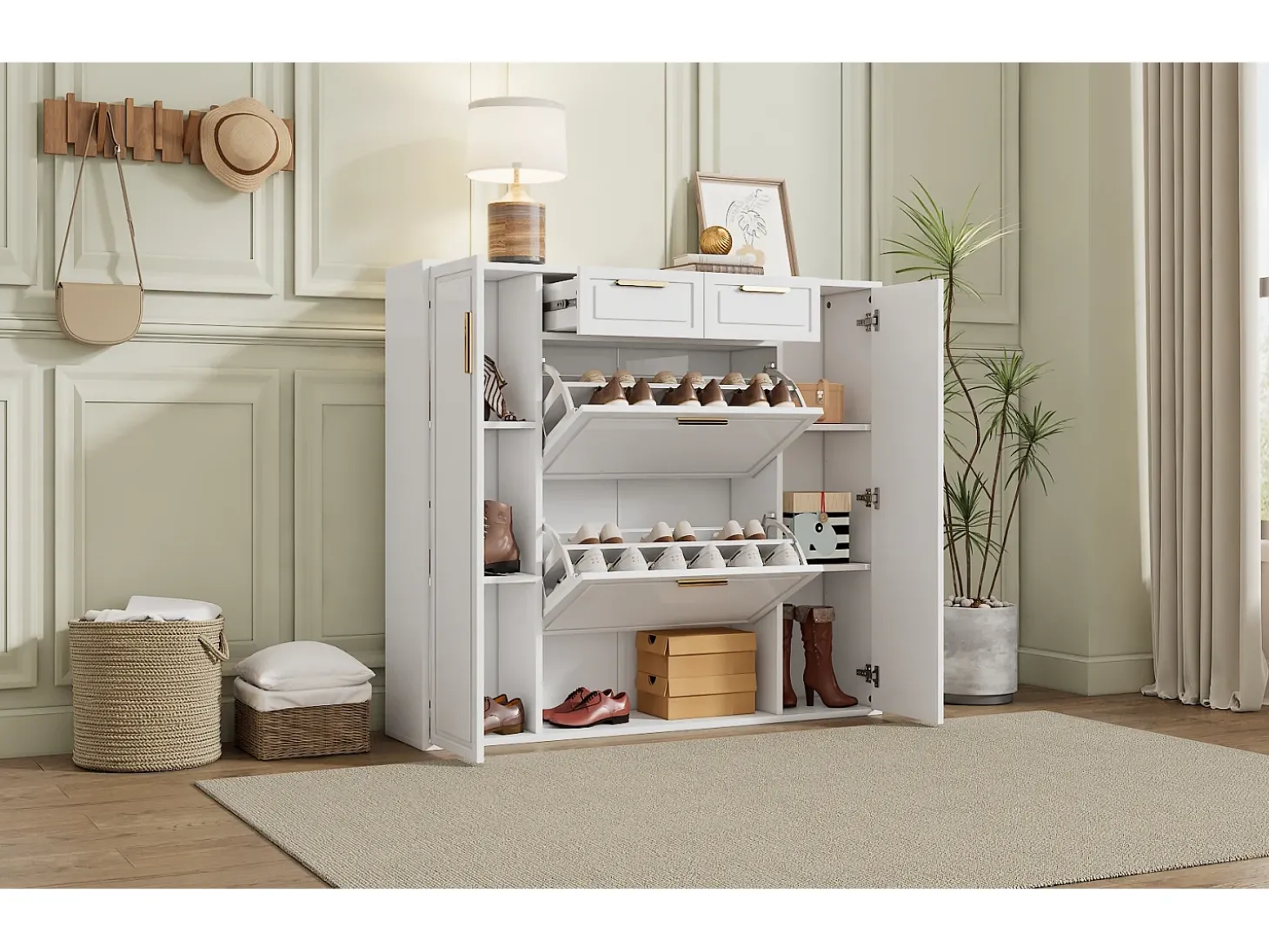 Armário de sapatos moderno 120×24×107 cm - 2 portas e 2 gavetas - 2 portas basculantes - branco