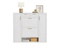Armário de sapatos moderno 120×24×107 cm - 2 portas e 2 gavetas - 2 portas basculantes - branco