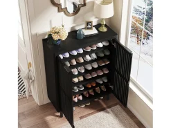 Armário de sapatos preto com seis níveis e portas de persiana, Rack organizador de sapatos em madeira com prateleiras ajustáveis