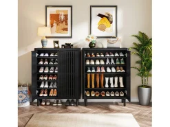 Armário de sapatos preto com seis níveis e portas de persiana, Rack organizador de sapatos em madeira com prateleiras ajustáveis