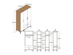 Armário Dgalbiat de 3 portas, mobiliário de quarto, roupeiro, roupeiro, 120x48h201 cm, nogueira e branco