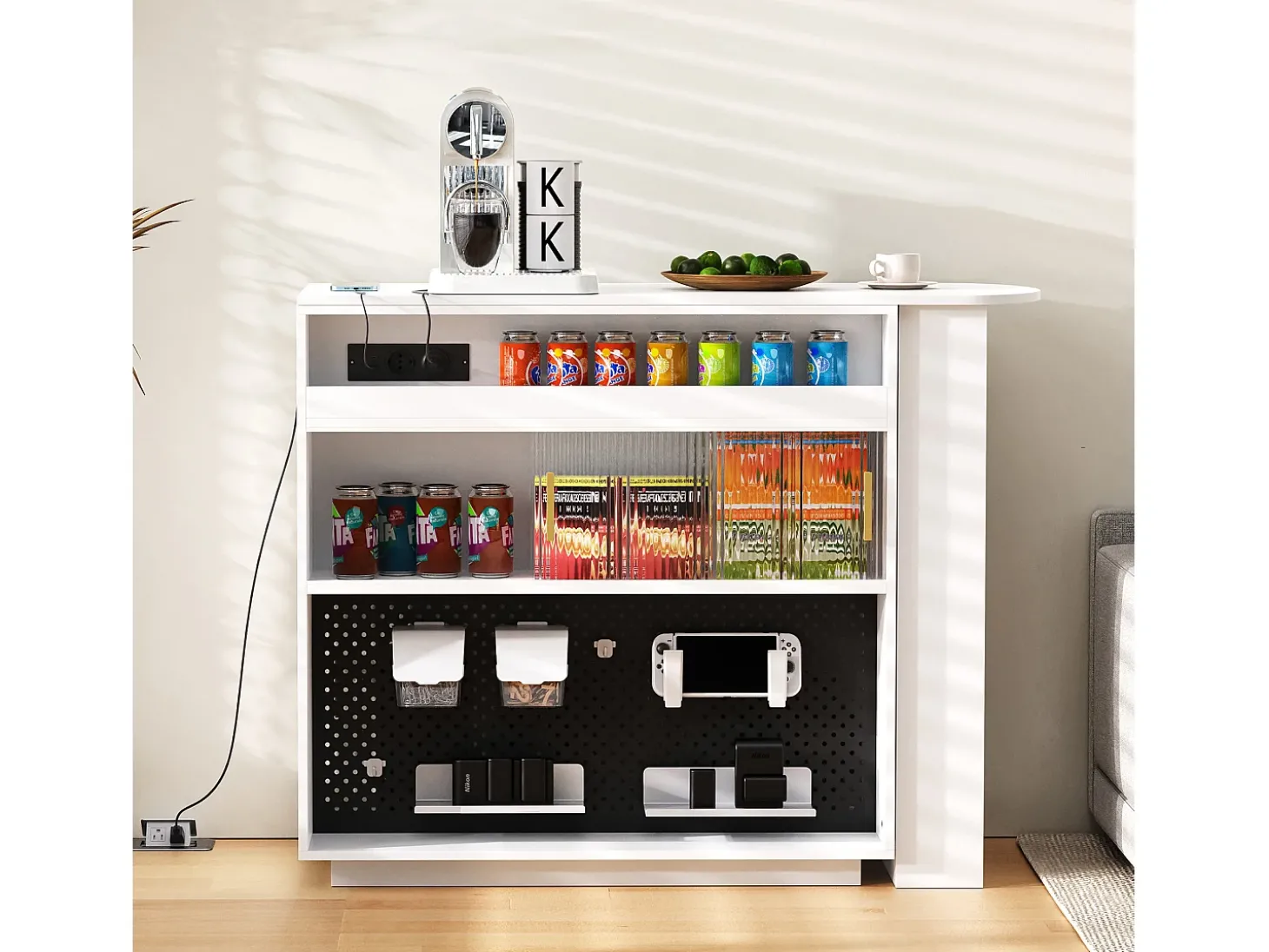 Armário giratório com tomadas, iluminação LED e painel perfurado - Branco