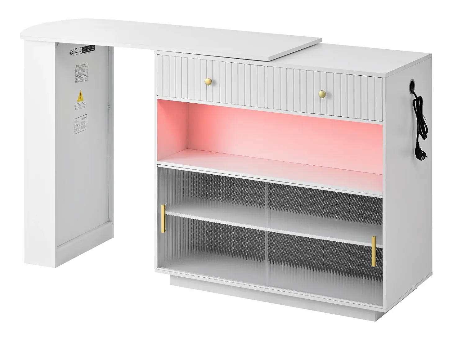 Armário giratório com tomadas, iluminação LED e painel perfurado - Branco