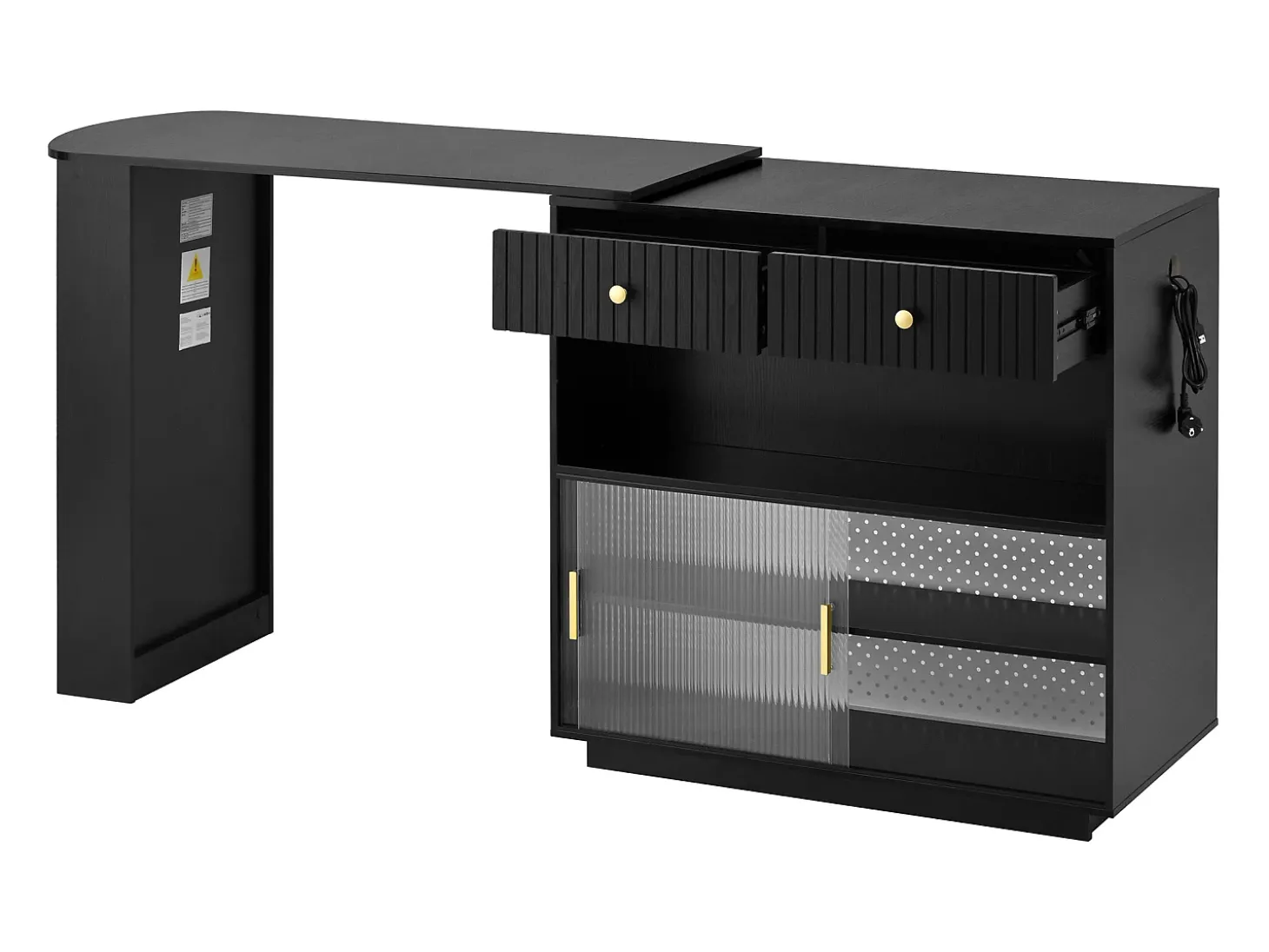 Armário giratório com tomadas, iluminação LED e painel perfurado - Preto