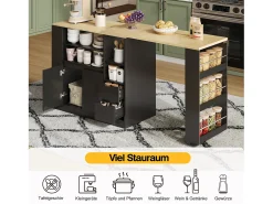 Armário giratório para bar - 115 x 50 x 92 cm - com prateleiras + 2 gavetas + mesa extensível - MDF - preto + natural