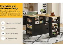 Armário giratório para bar - 115 x 50 x 92 cm - com prateleiras + 2 gavetas + mesa extensível - MDF - preto + natural