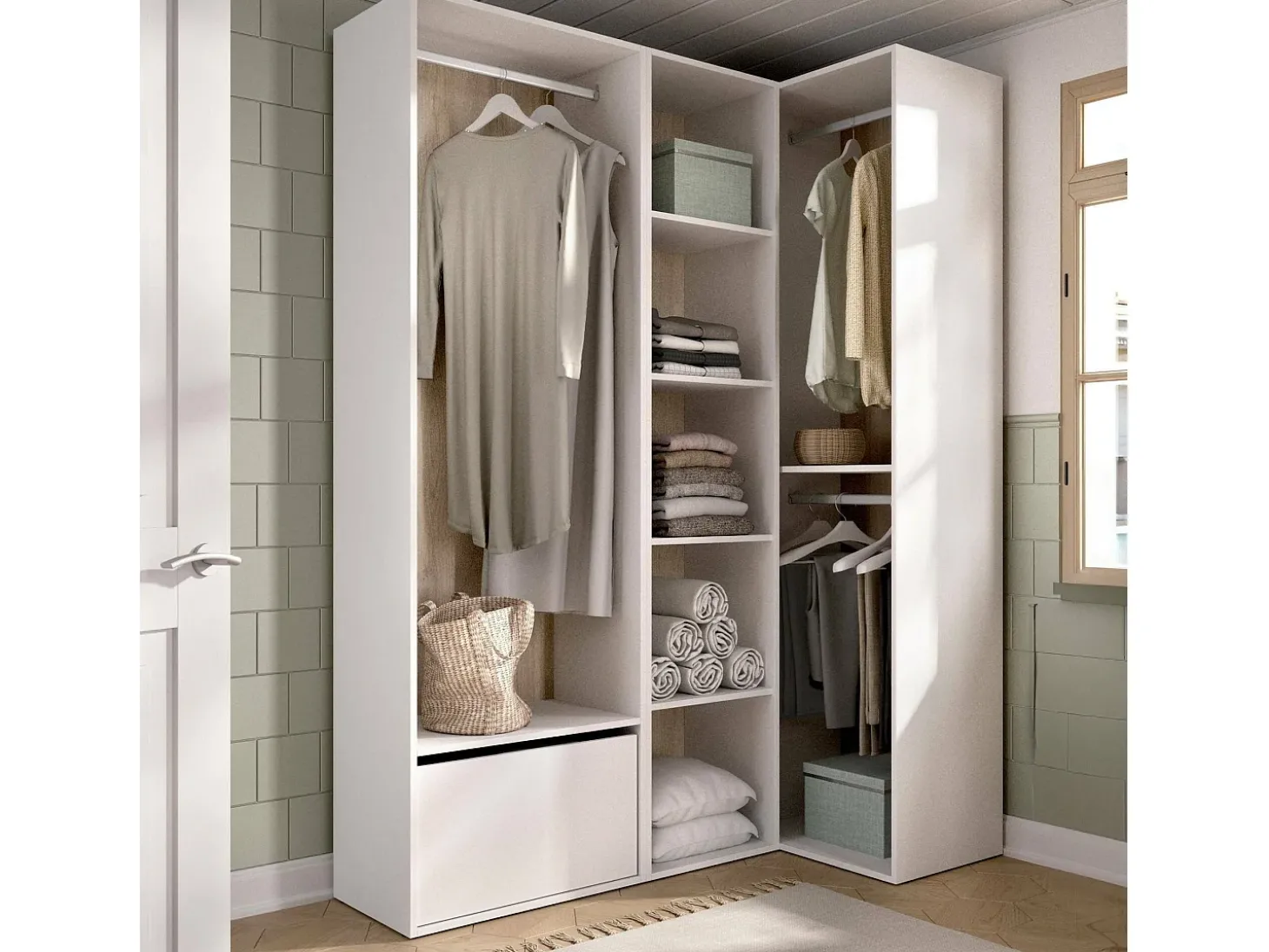 Armário grande Dbhati, mobiliário de quarto, roupeiro, roupeiro, 145x85 h205 cm, branco e carvalho