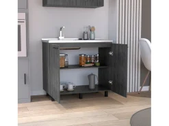 Armário inferior Napoles em melamina com 2 prateleiras, 2 portas e tampo em aço inoxidável, cinzento, 89 cm X 100 cm X 52.5 cm