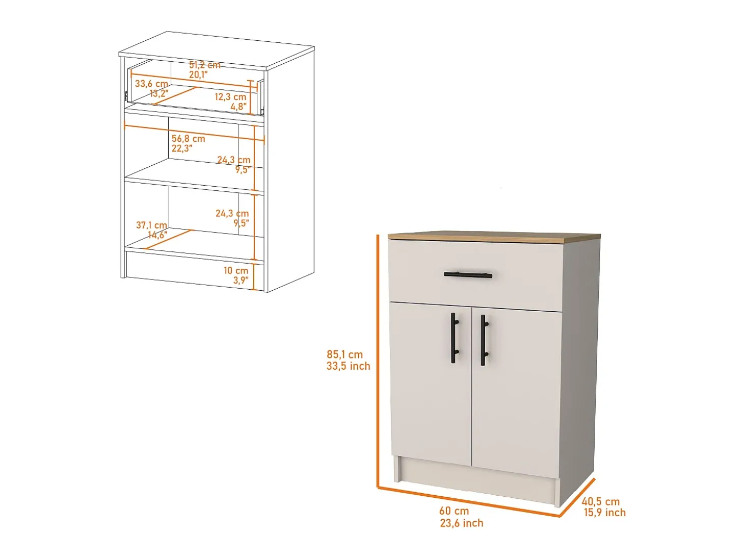 Armário Mayorca em melamina com 2 portas, 2 prateleiras e gaveta com calhas metálicas, Branco / Bege , 85,1 cm X 60 cm X 40,5 cm