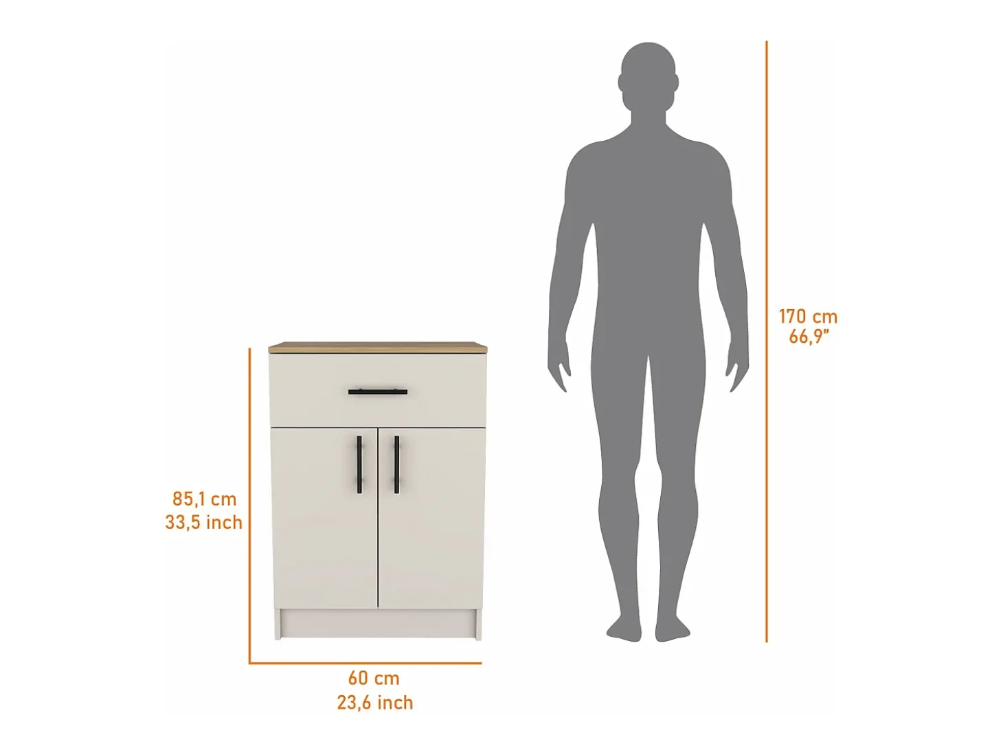 Armário Mayorca em melamina com 2 portas, 2 prateleiras e gaveta com calhas metálicas, Branco / Bege , 85,1 cm X 60 cm X 40,5 cm