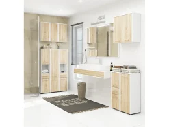 Armário Multiuso de Banheiro FIN 140cm 2 Portas - Branco/Sonoma