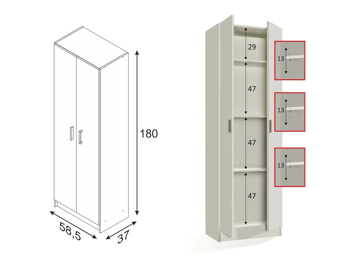 Armário multiuso Dmarra, Armário auxiliar com 2 portas, Sapateira com 3 prateleiras, Sapateira alta moderna, 59x37h180 cm, Branco