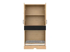 Armário para animais 79x40x160 cm - 2 portas e 2 gavetas - com comedouro e tapete - com ganchos - cor natural
