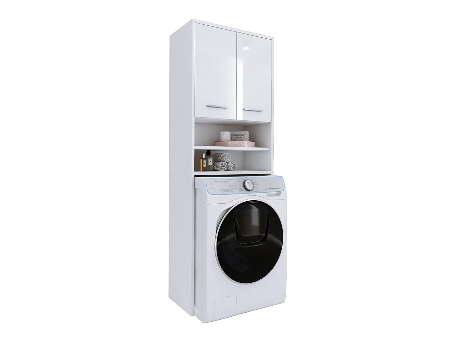 Armário para máquina de lavar, 2 armários, 180 x 64 x 30 cm, branco mate, branco brilhante