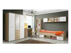 Armário para quarto de criança, design nas cores carvalho e branco com 3 portas de abrir e 3 gavetas, coleção DENVER.