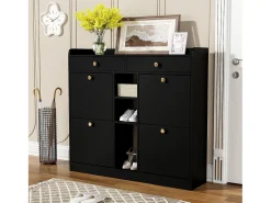 Armário para sapatos 110 x 26 x 100 cm - 4 portas - 2 gavetas - 3 compartimentos abertos - preto