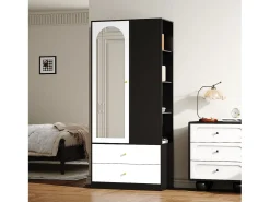 Armário 80x40x180 cm - con 2 gavetas e 1 porta - con espelho e compartimentos de armazenamento abertos - Branco + Preto