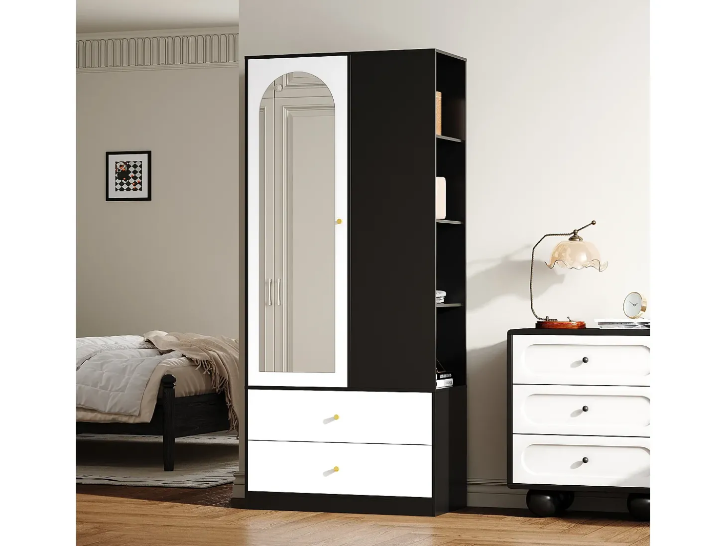 Armário 80x40x180 cm - con 2 gavetas e 1 porta - con espelho e compartimentos de armazenamento abertos - Branco + Preto