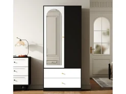 Armário 80x40x180 cm - con 2 gavetas e 1 porta - con espelho e compartimentos de armazenamento abertos - Branco + Preto