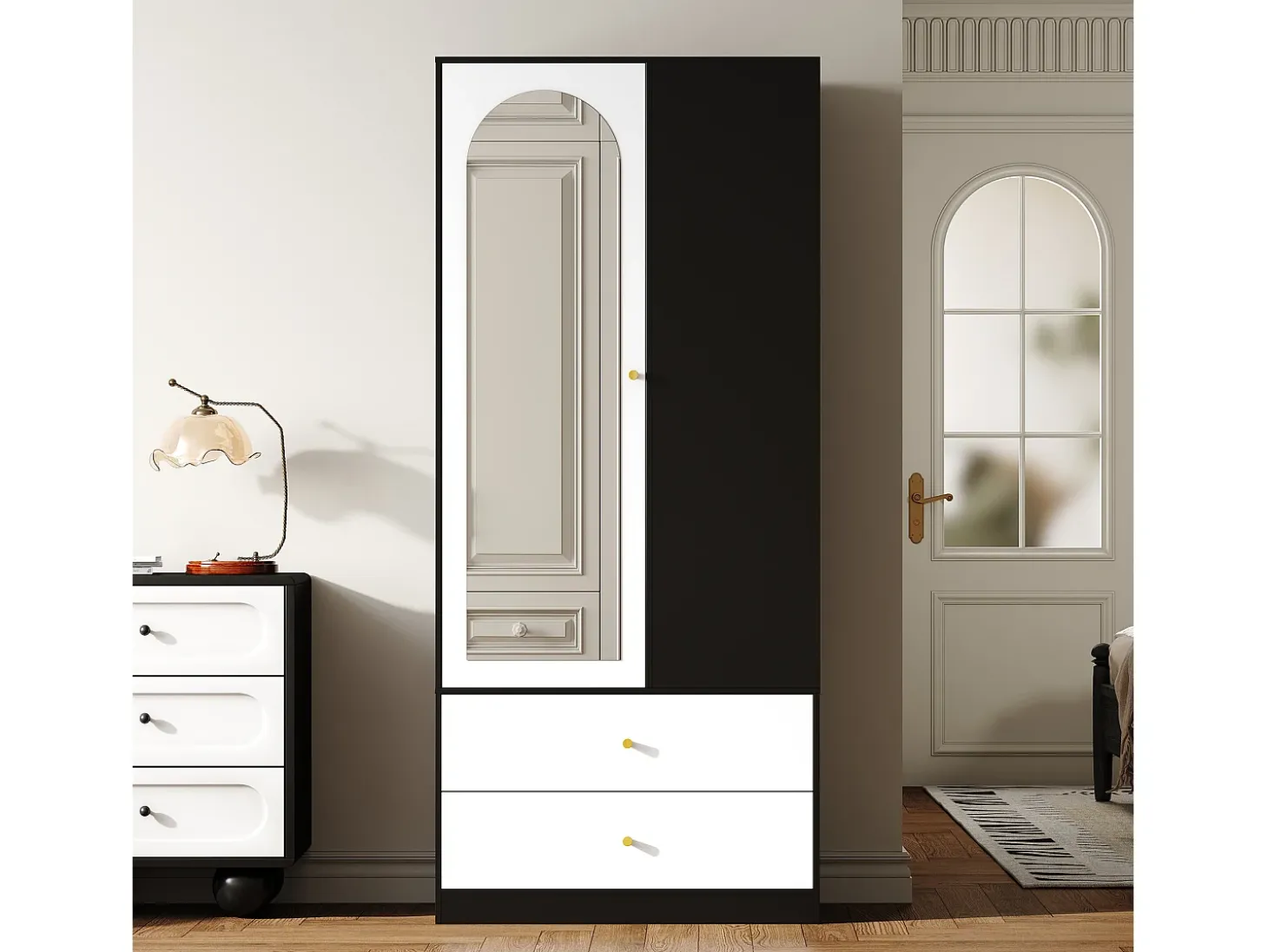 Armário 80x40x180 cm - con 2 gavetas e 1 porta - con espelho e compartimentos de armazenamento abertos - Branco + Preto