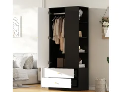Armário 80x40x180 cm - con 2 gavetas e 1 porta - con espelho e compartimentos de armazenamento abertos - Branco + Preto