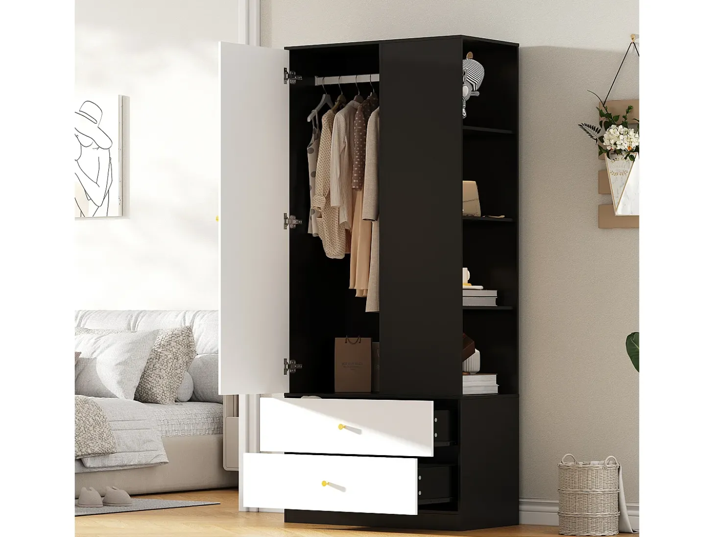 Armário 80x40x180 cm - con 2 gavetas e 1 porta - con espelho e compartimentos de armazenamento abertos - Branco + Preto