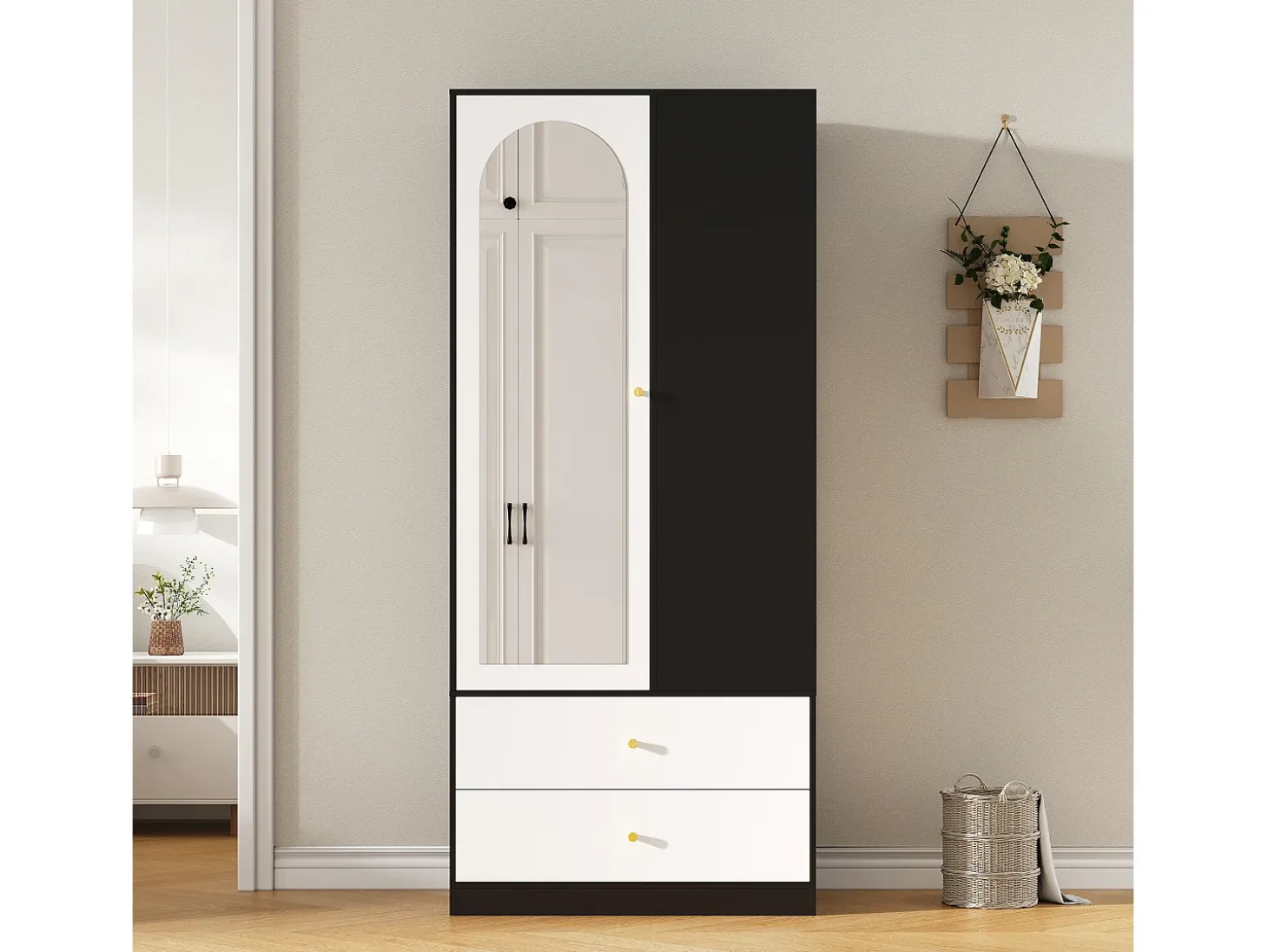 Armário 80x40x180 cm - con 2 gavetas e 1 porta - con espelho e compartimentos de armazenamento abertos - Branco + Preto