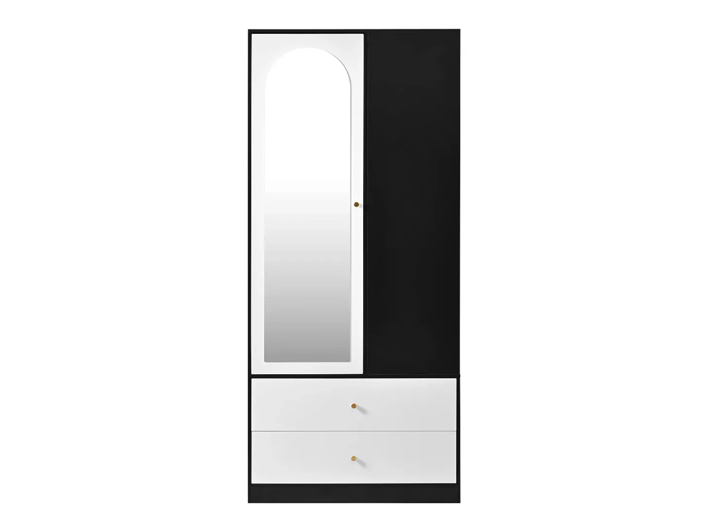 Armário 80x40x180 cm - con 2 gavetas e 1 porta - con espelho e compartimentos de armazenamento abertos - Branco + Preto