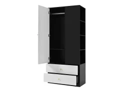 Armário 80x40x180 cm - con 2 gavetas e 1 porta - con espelho e compartimentos de armazenamento abertos - Branco + Preto