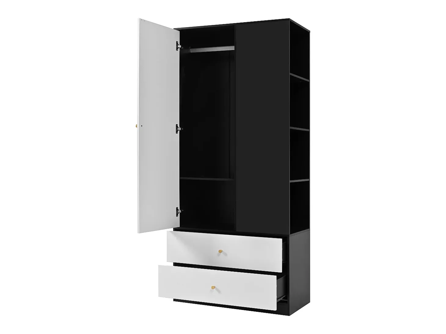 Armário 80x40x180 cm - con 2 gavetas e 1 porta - con espelho e compartimentos de armazenamento abertos - Branco + Preto