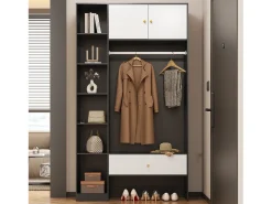 Armário 105x40x185 cm - con 1 gaveta e 2 portas - con varão de roupa e compartimentos de armazenamento abertos - Branco + Preto