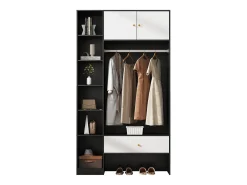 Armário 105x40x185 cm - con 1 gaveta e 2 portas - con varão de roupa e compartimentos de armazenamento abertos - Branco + Preto